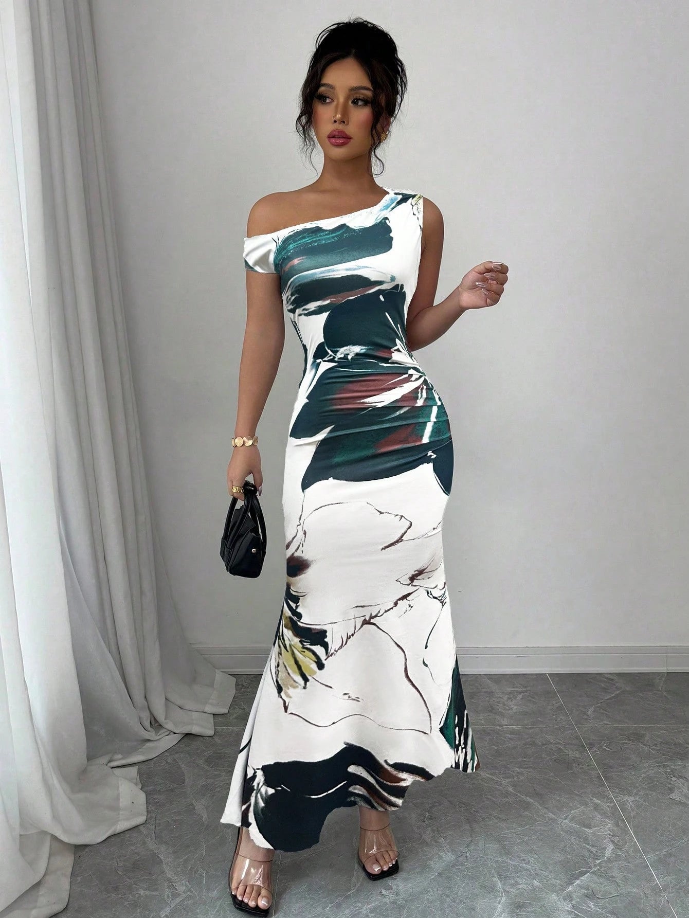 Abstract Print Asymmetrical Mermaid Gown