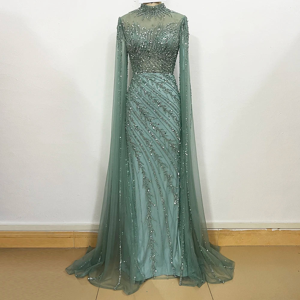 Beaded Cape Sleeve Evening Gown