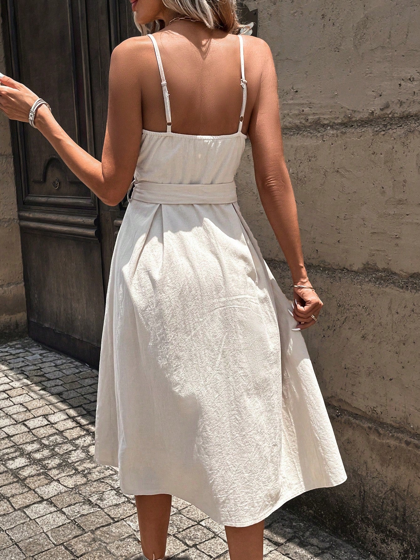 Belted Button Down Linen Midi Dress