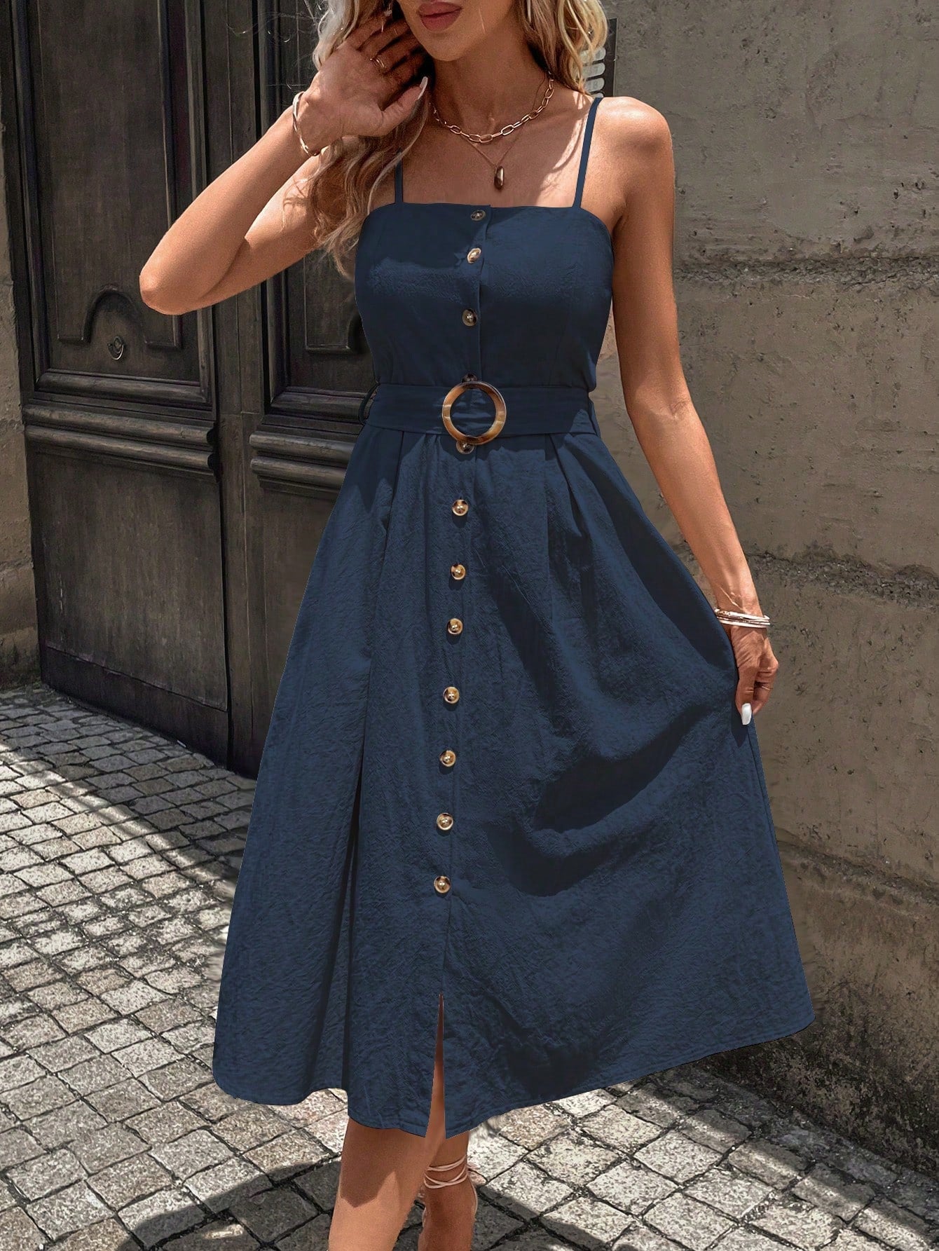 Belted Button Down Linen Midi Dress