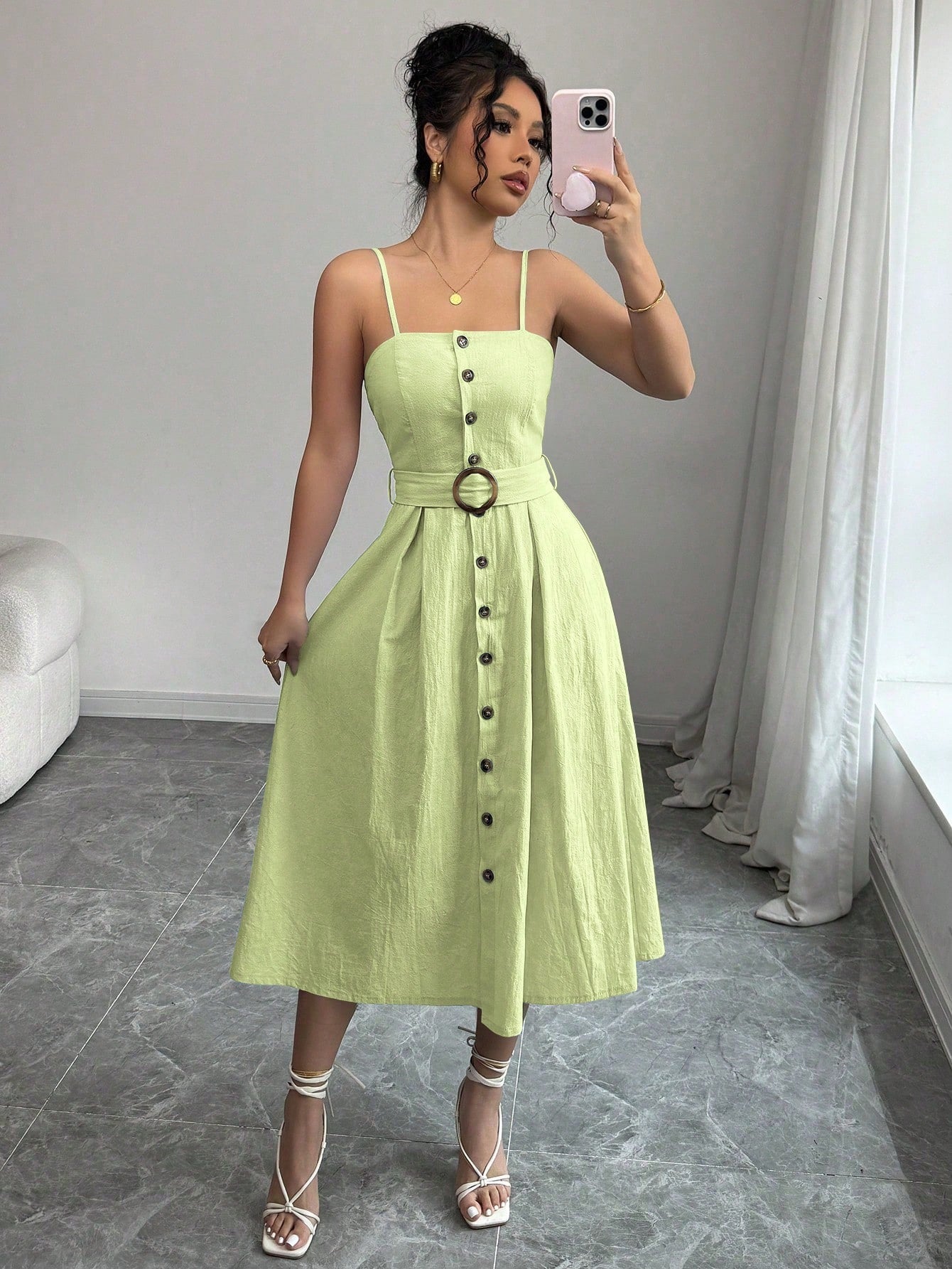 Belted Button Down Linen Midi Dress