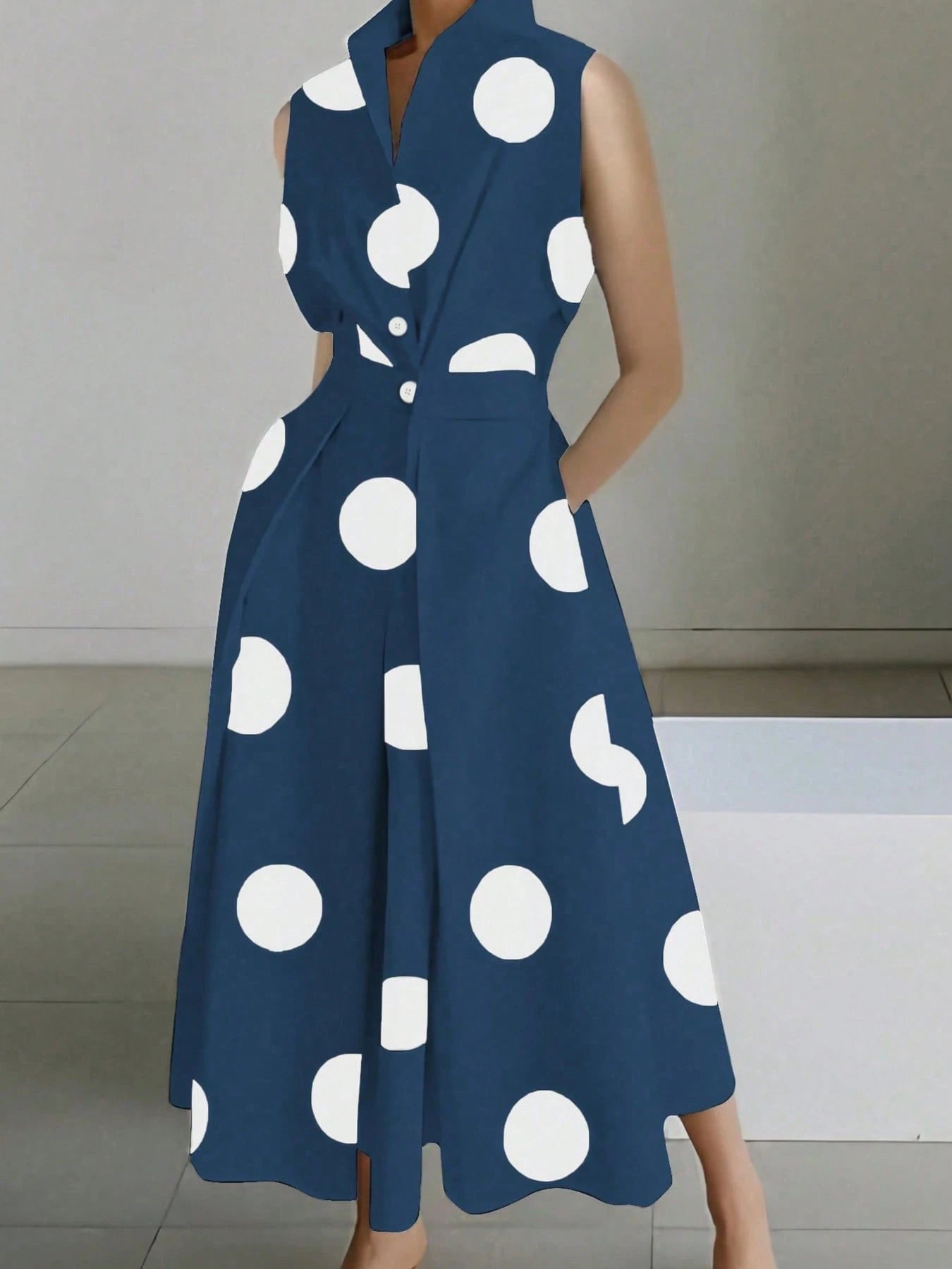 Collared Twist Front Polka Dot Dress