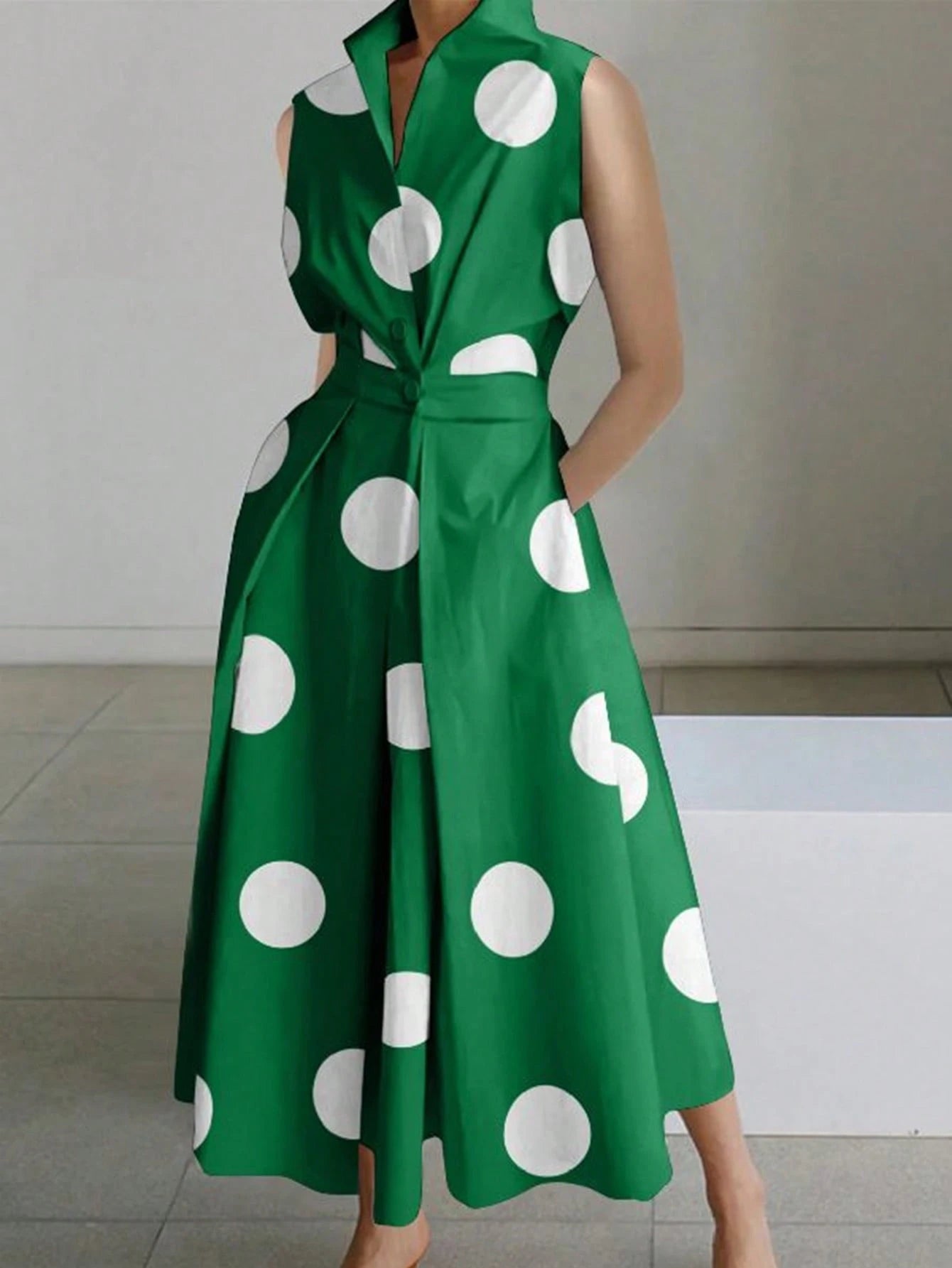 Collared Twist Front Polka Dot Dress