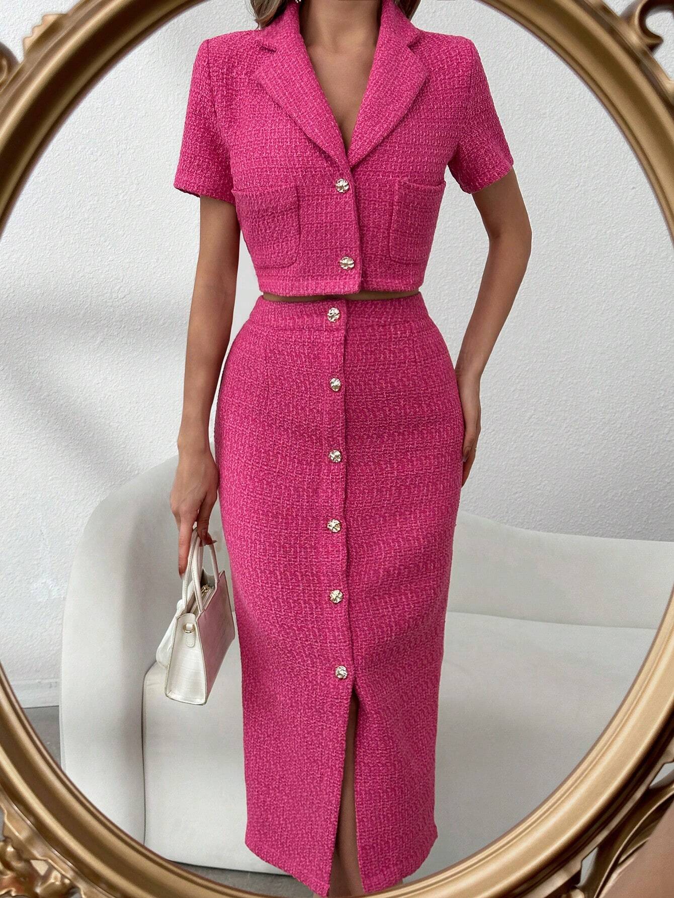 Cropped Tweed Blazer Skirt Set