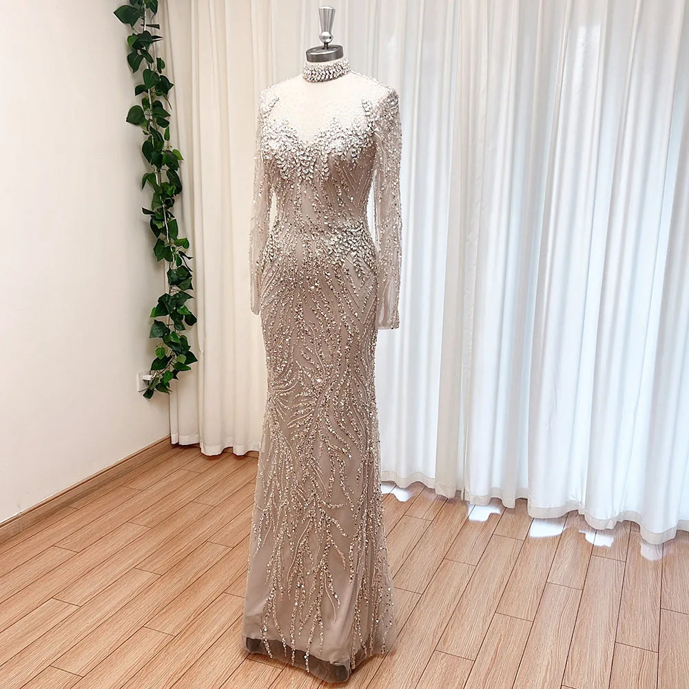 Elegant Beaded Long Sleeve Evening Gown