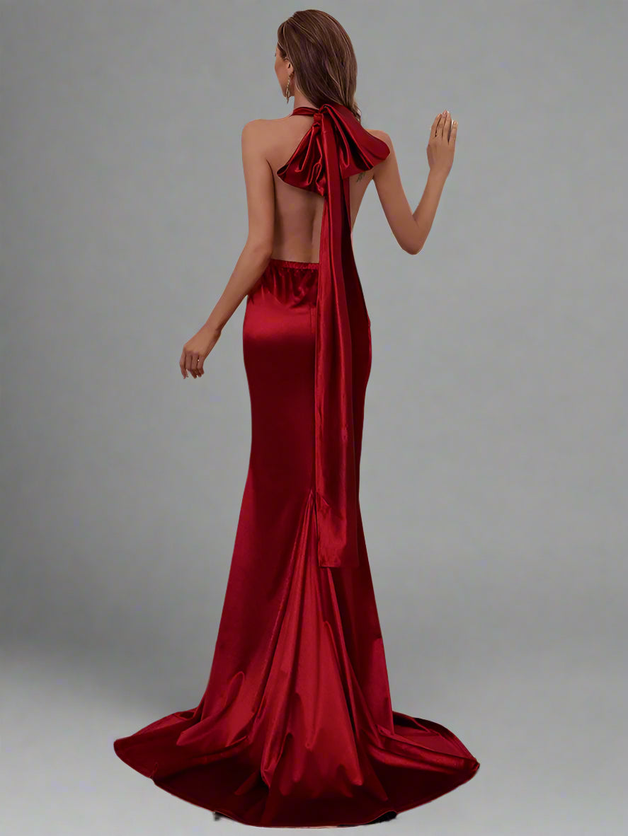 Elegant Halter Evening Gown with Dramatic Train