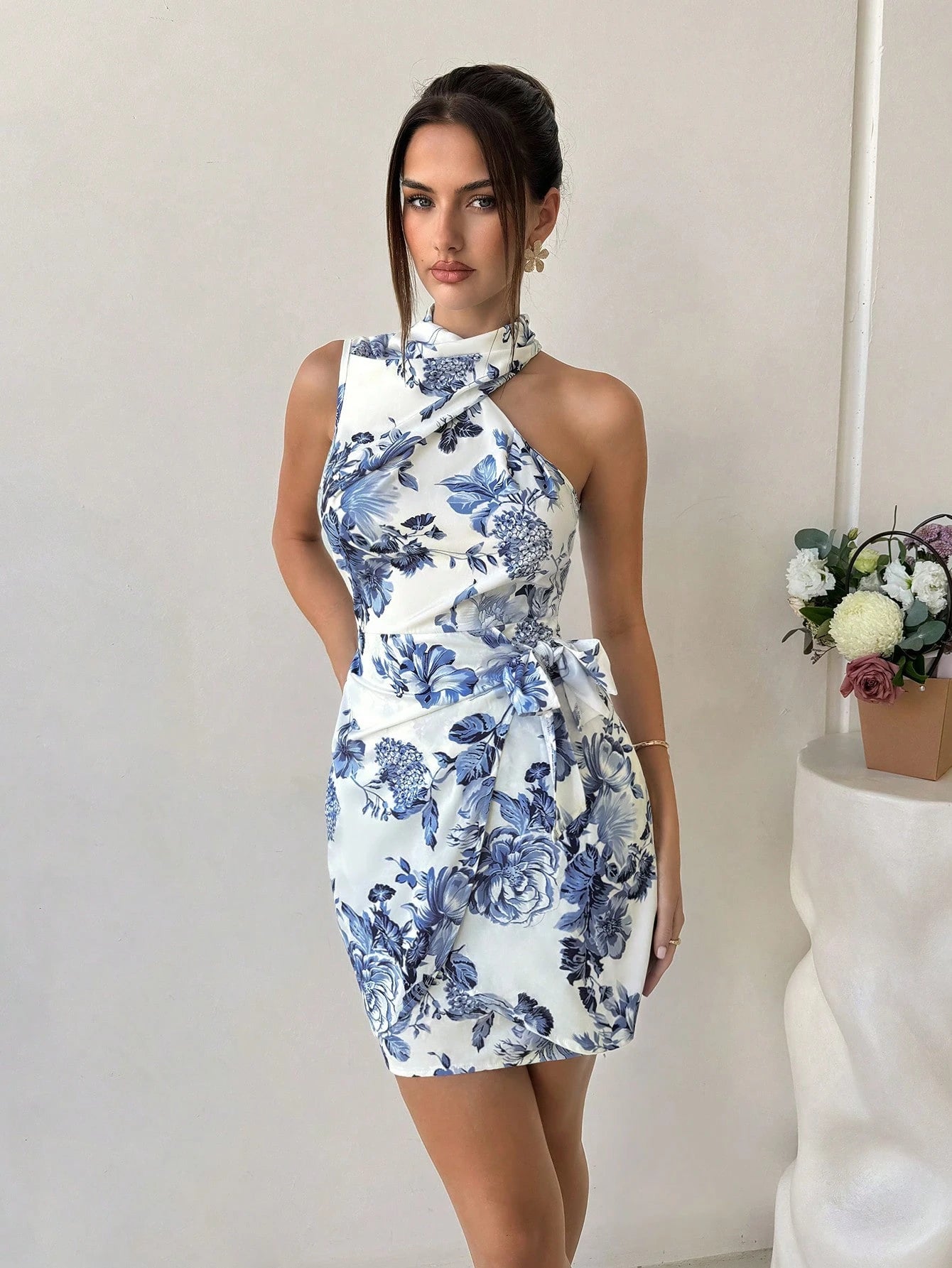 Floral Jacquard Asymmetrical Bow Mini Dress