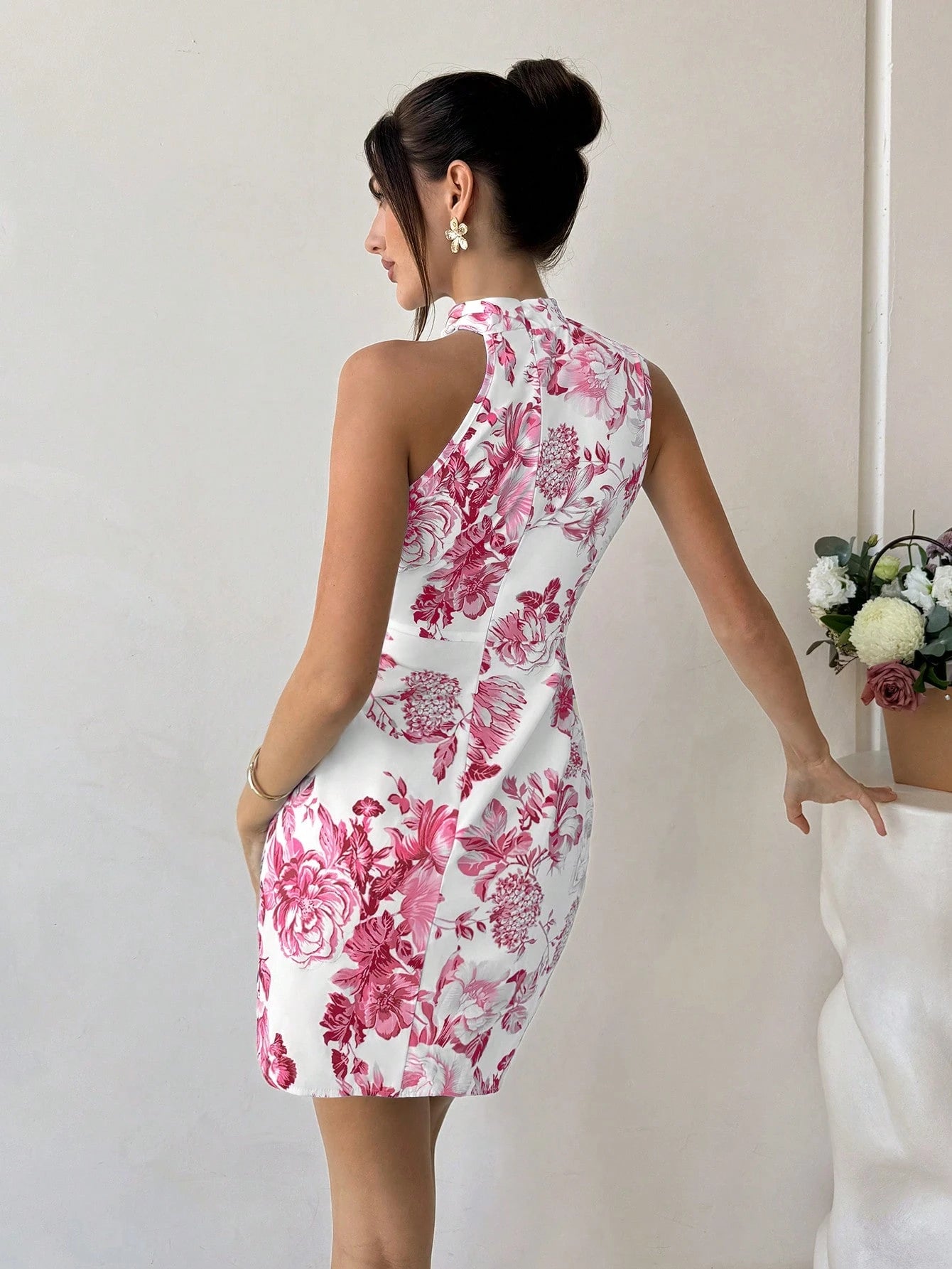 Floral Jacquard Asymmetrical Bow Mini Dress
