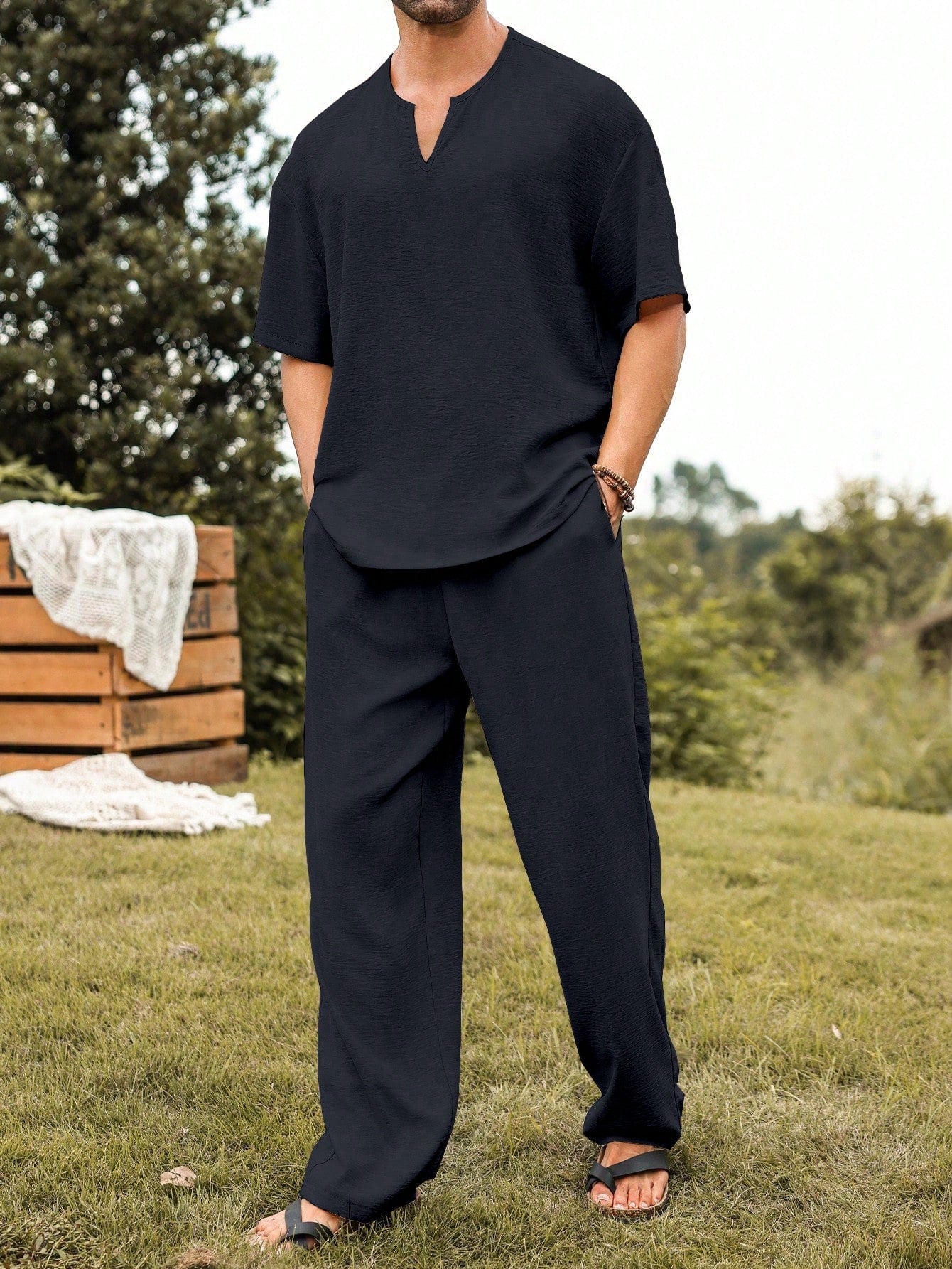 Mens Linen V-Neck Lounge Set