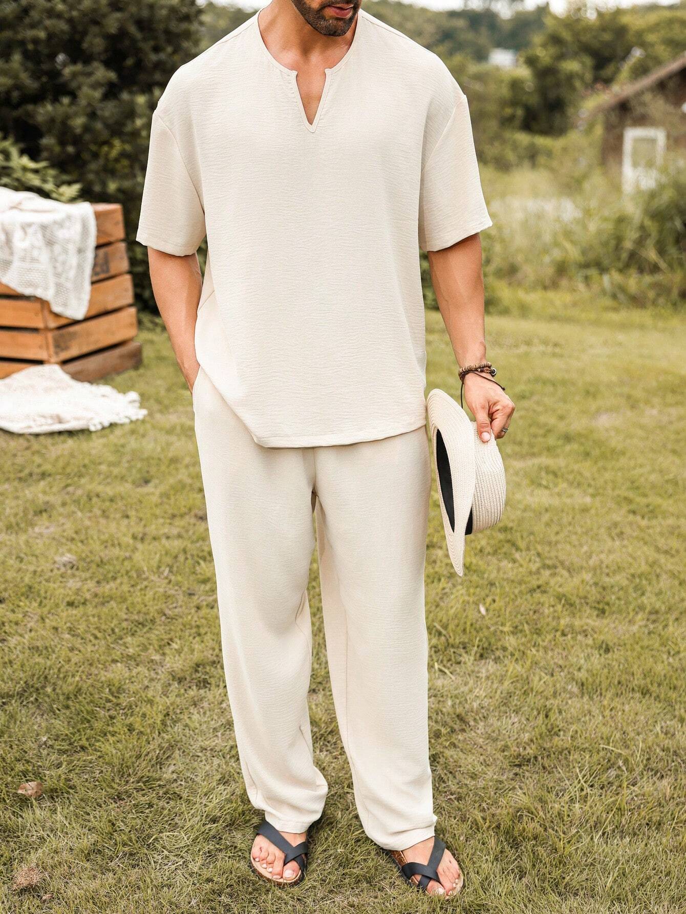 Mens Linen V-Neck Lounge Set