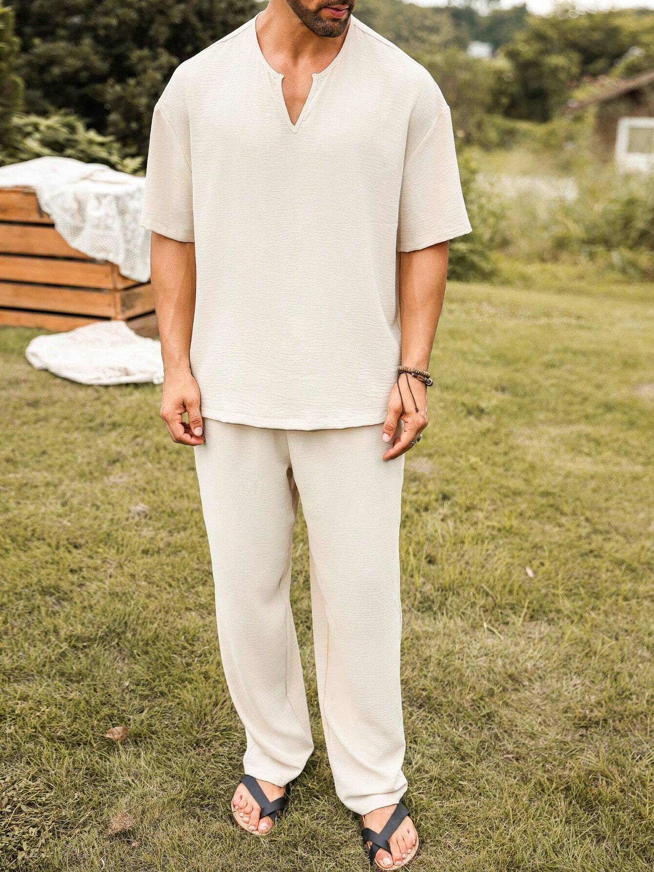 Mens Linen V-Neck Lounge Set