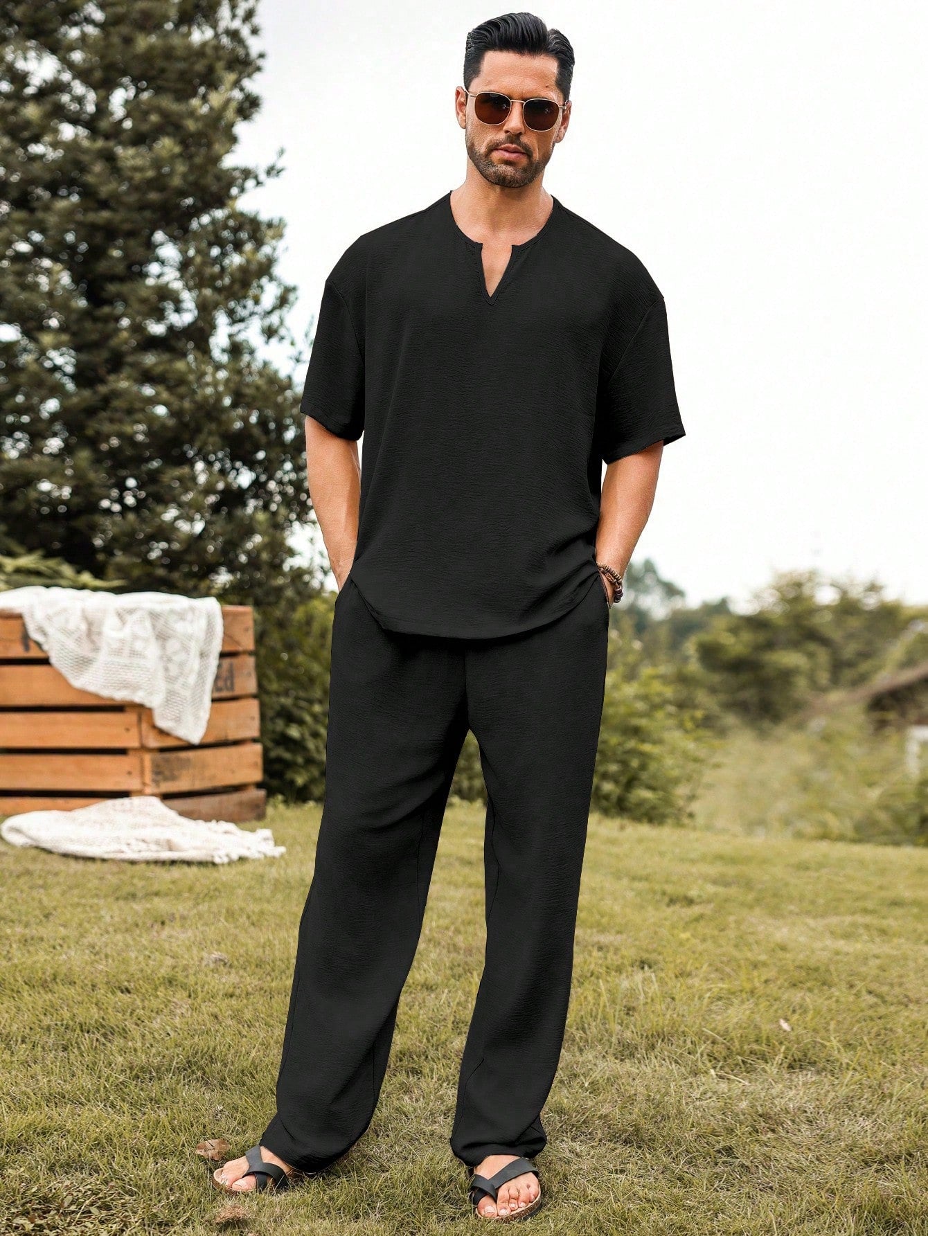Mens Linen V-Neck Lounge Set