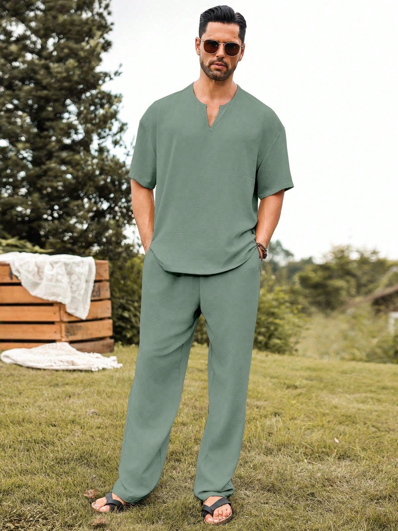Mens Linen V-Neck Lounge Set