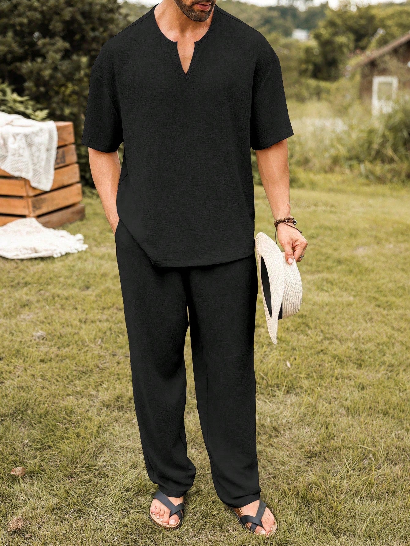 Mens Linen V-Neck Lounge Set