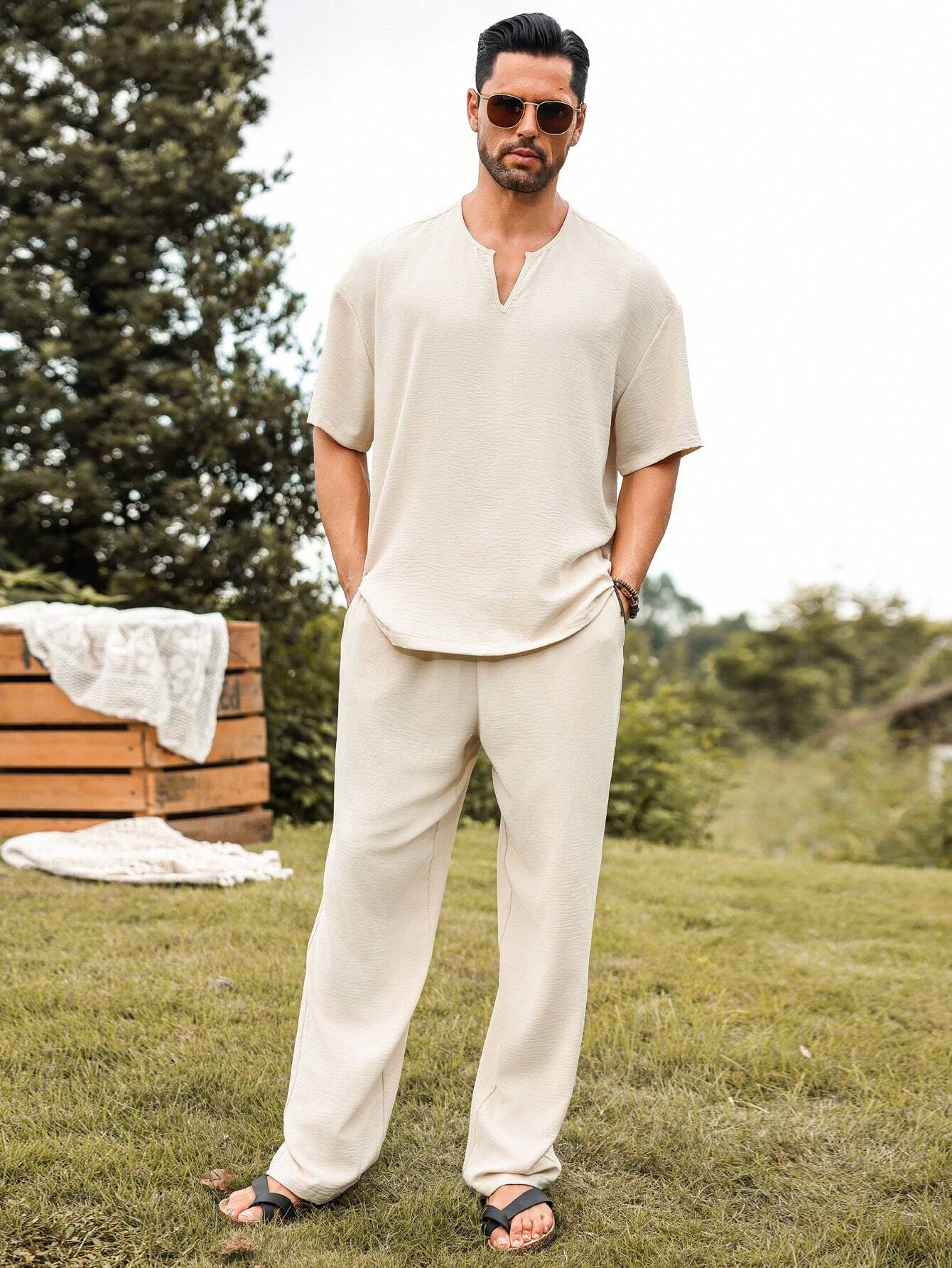 Mens Linen V-Neck Lounge Set