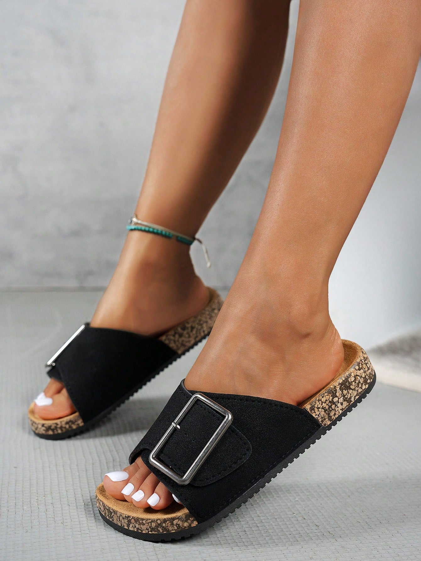 Oversized Buckle Cork Slide Sandal
