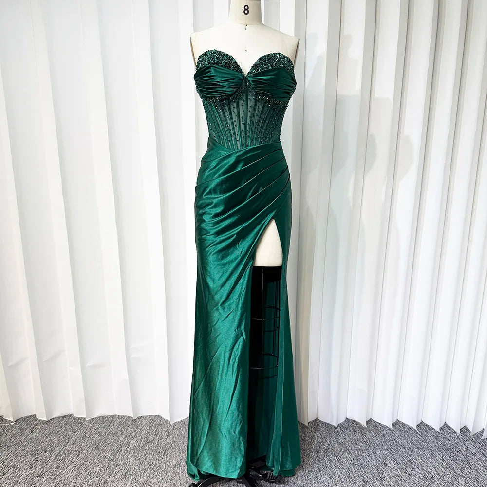 Satin Corset Slit Evening Gown
