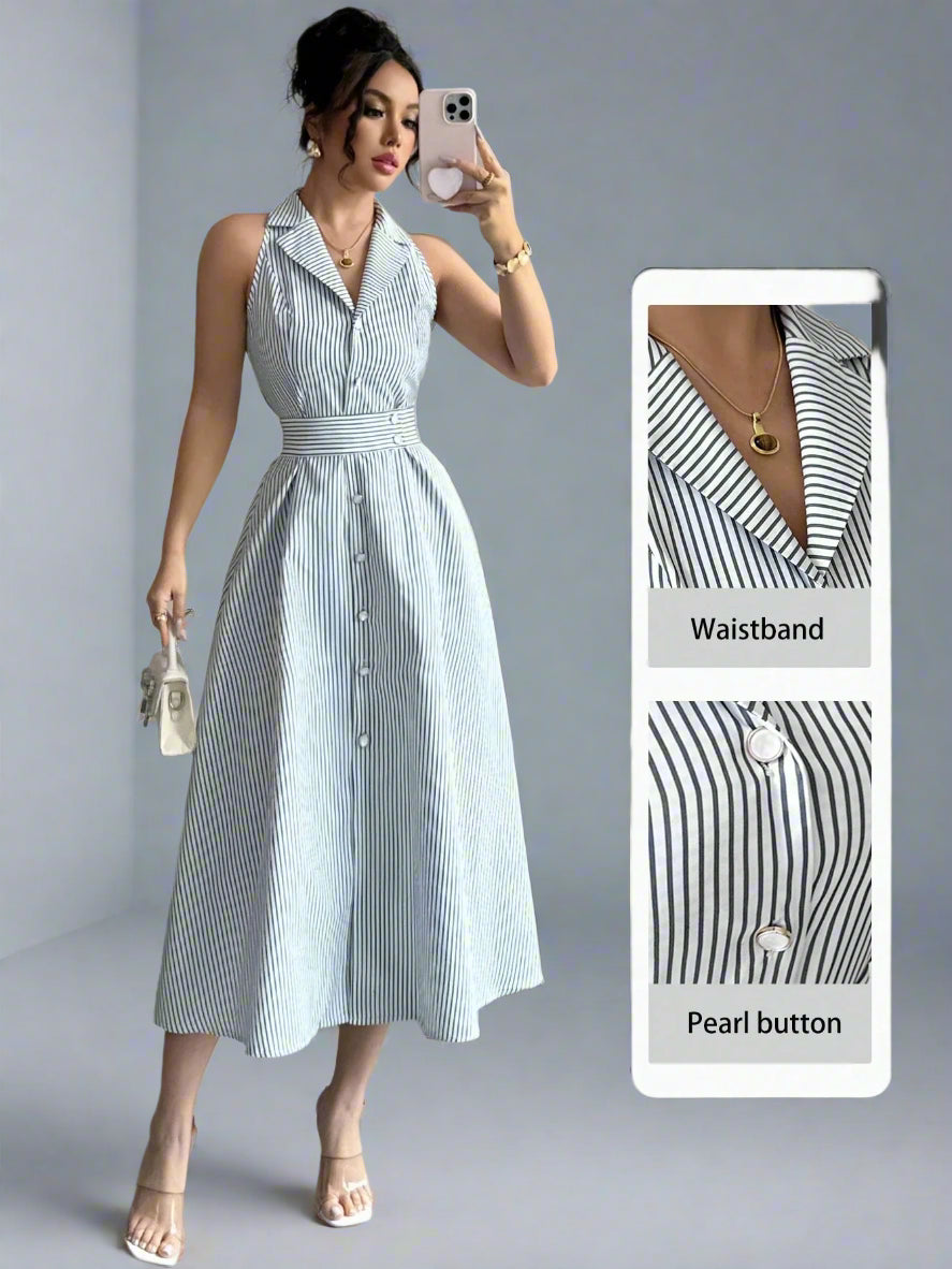 Striped Halter Collar Midi Dress