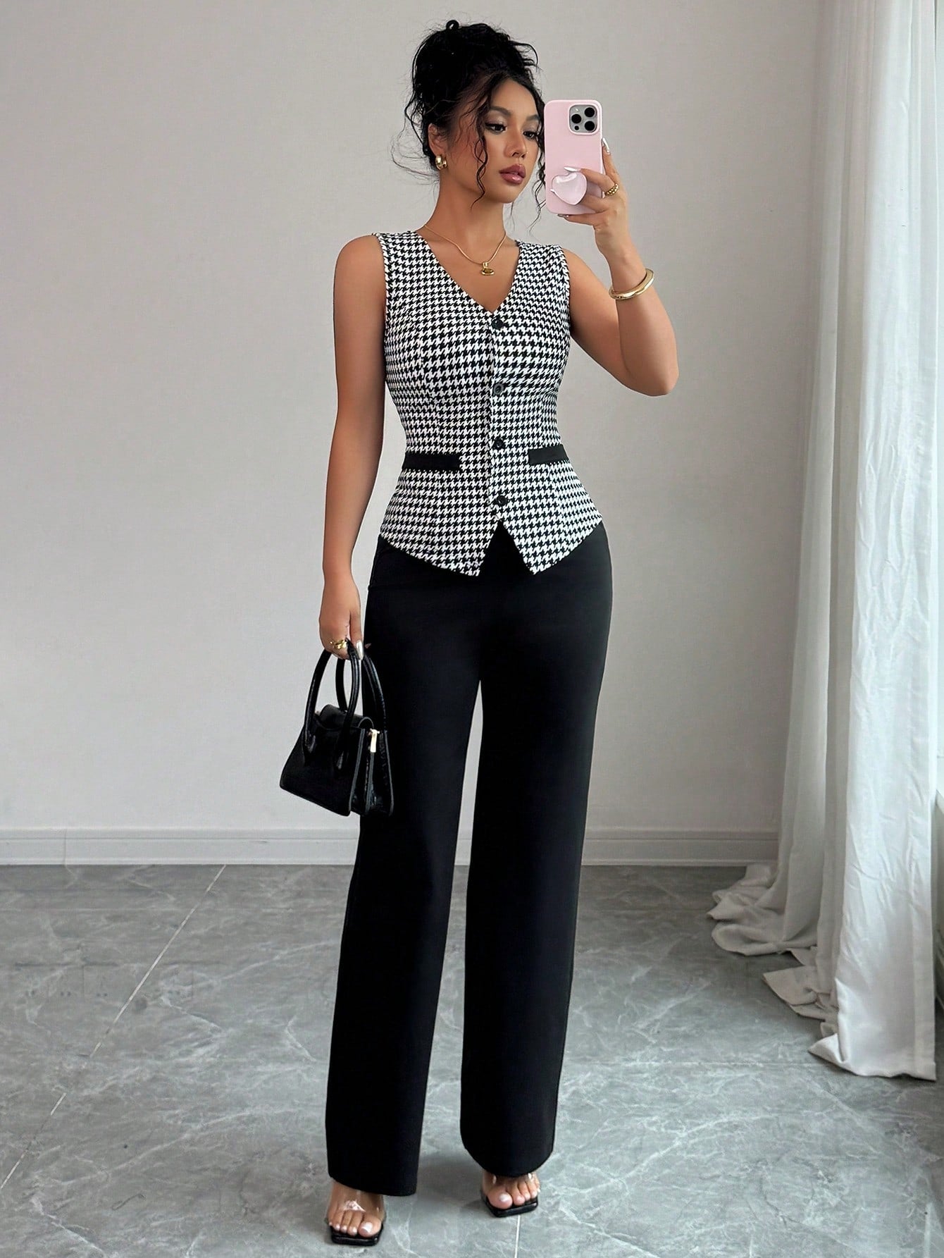 Tailored Houndstooth Contrast Trim Waistcoat Set