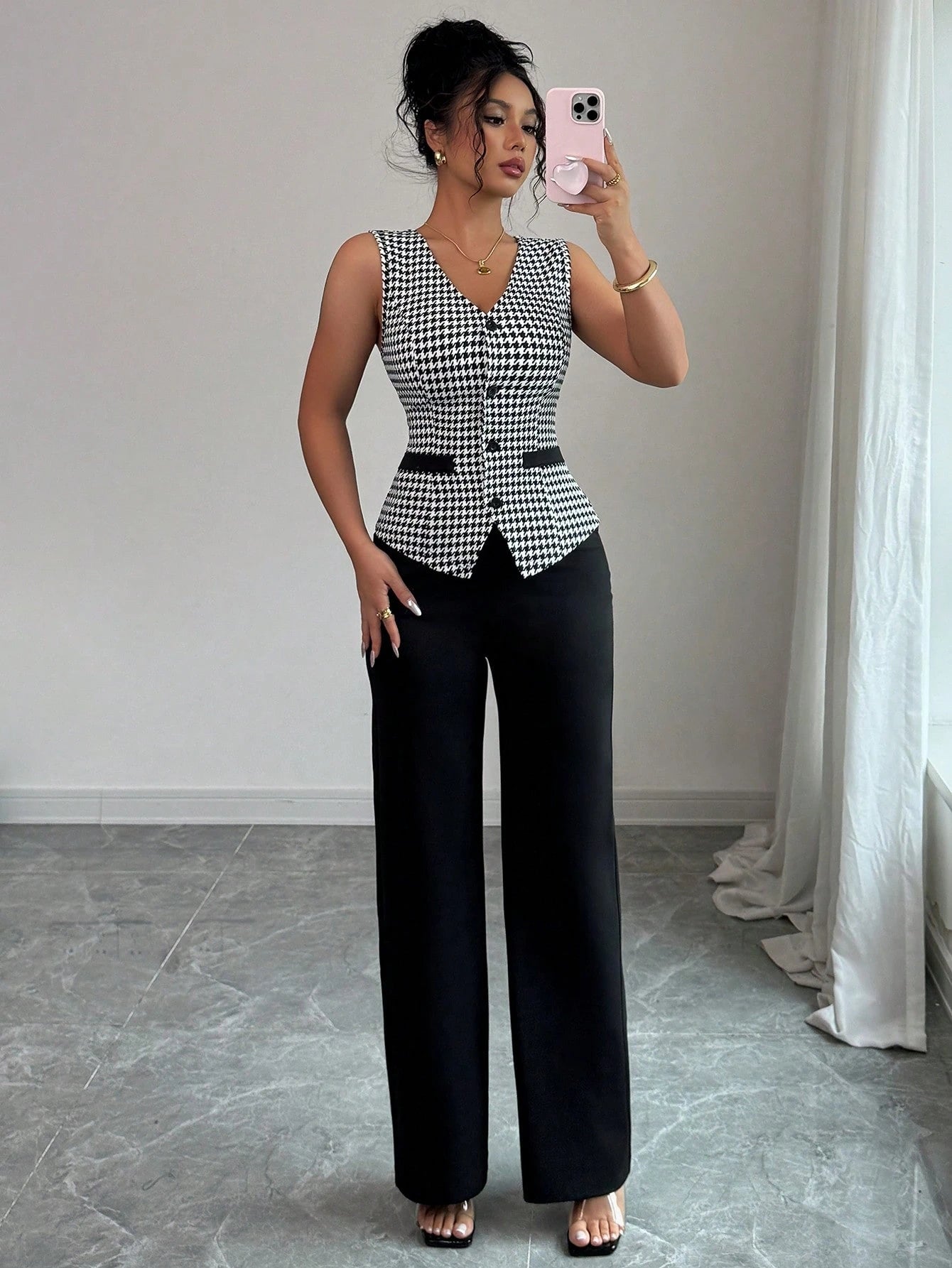 Tailored Houndstooth Contrast Trim Waistcoat