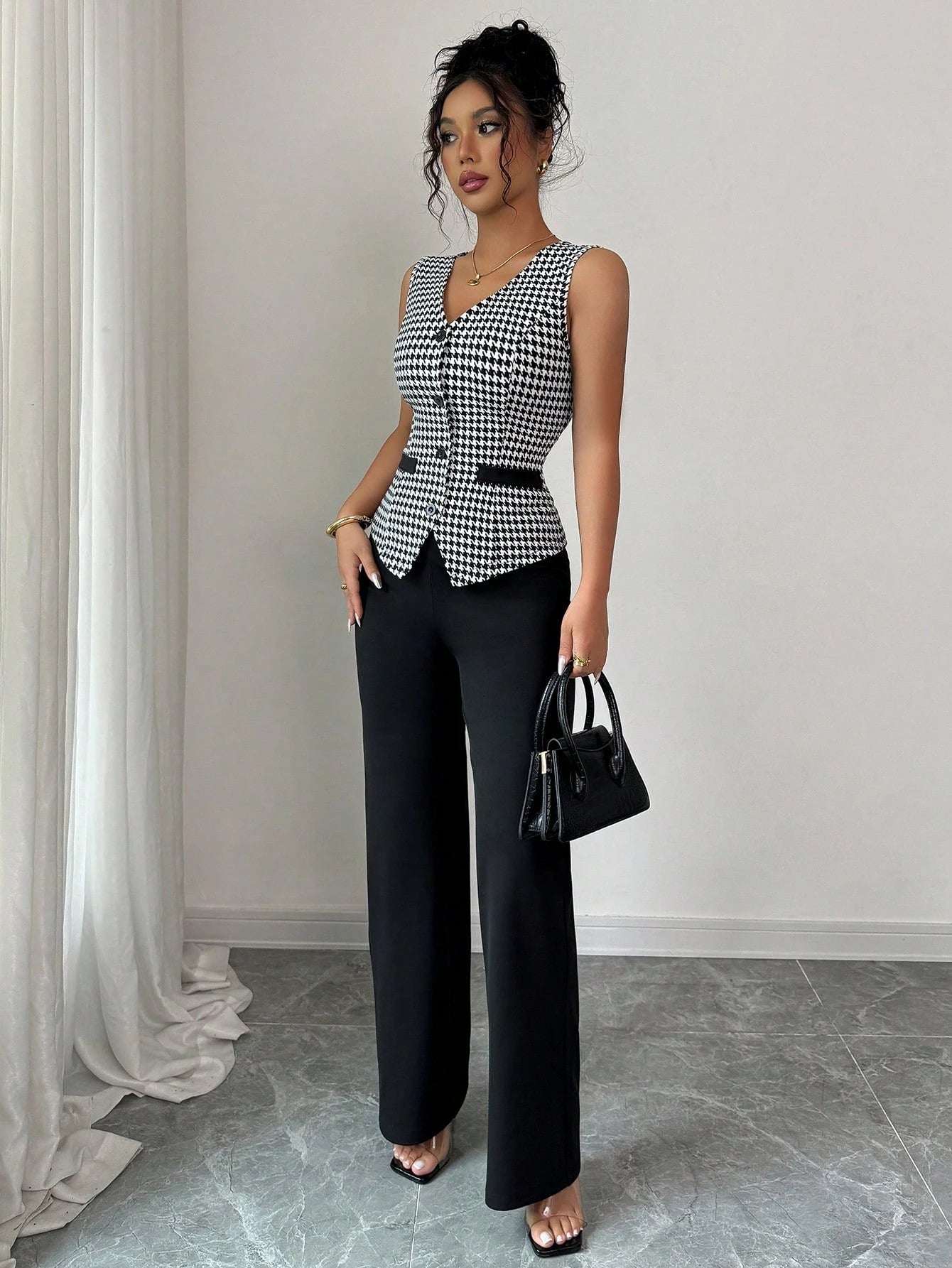 Tailored Houndstooth Contrast Trim Waistcoat