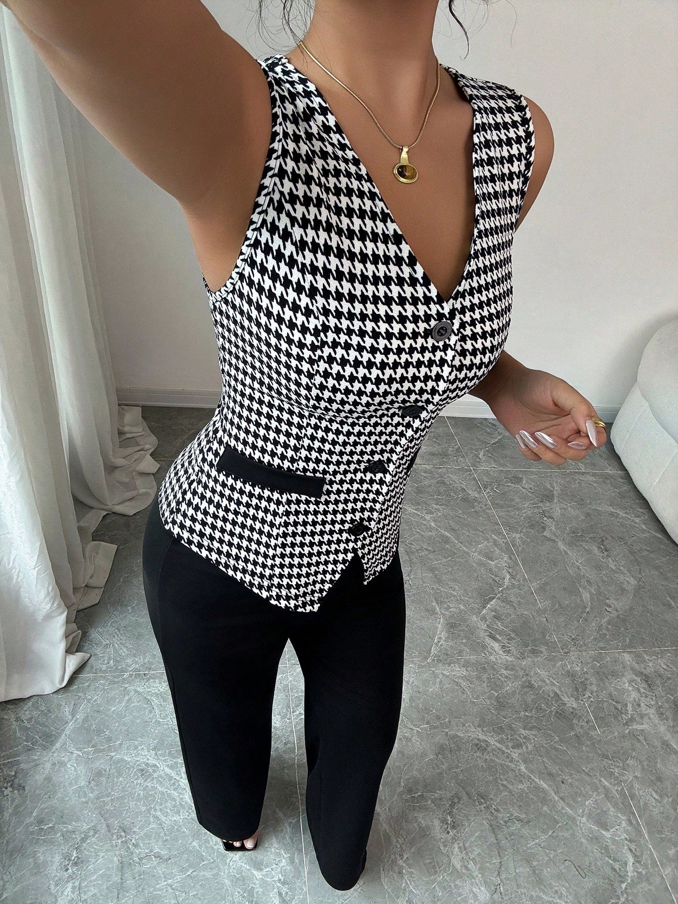 Tailored Houndstooth Contrast Trim Waistcoat