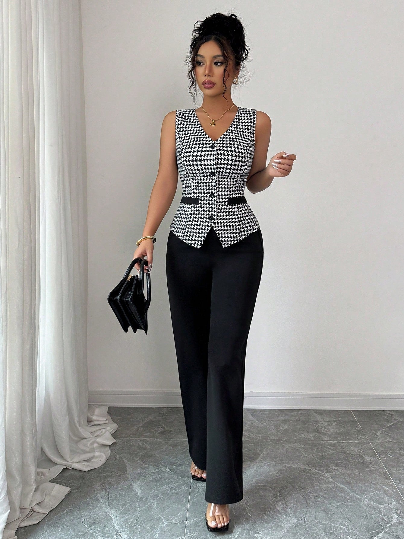 Tailored Houndstooth Contrast Trim Waistcoat