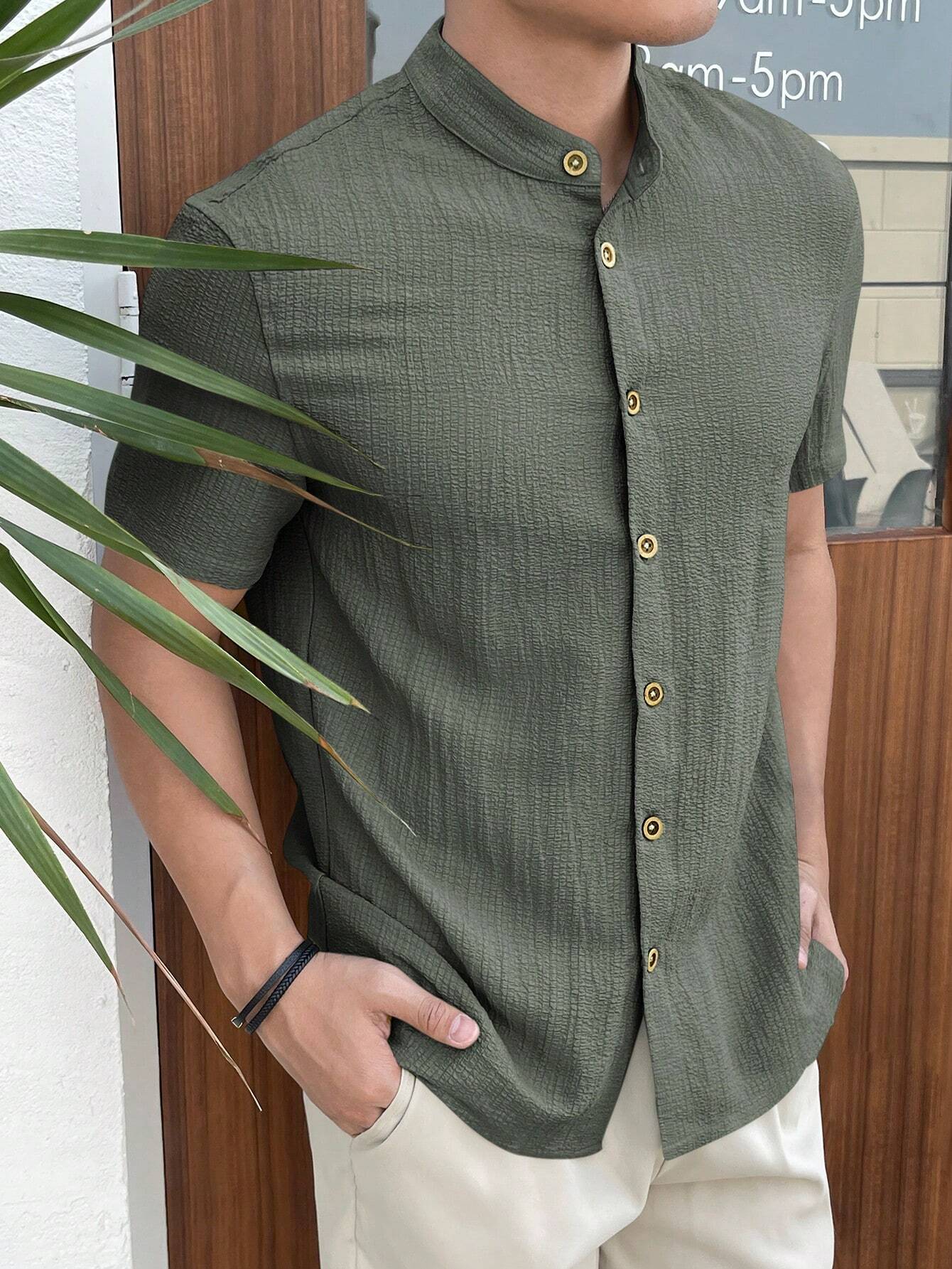 Textured Stand Collar Shirt