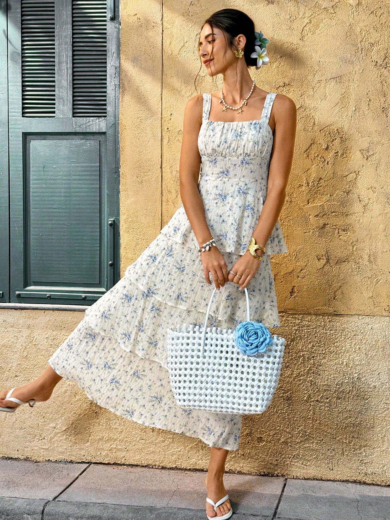 Textured Tiered Ruffle Midi Dress