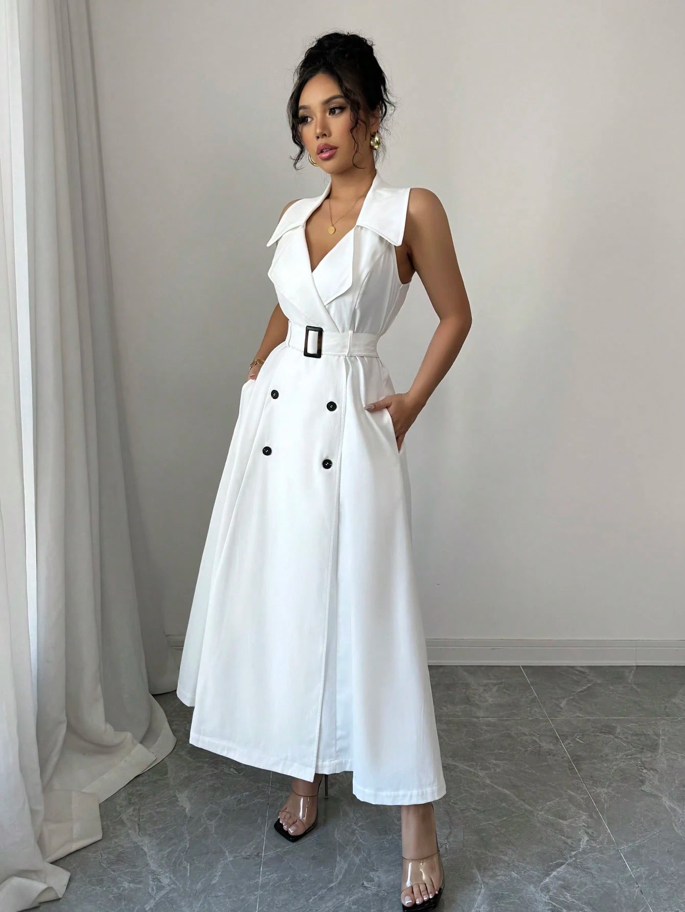 White Sleeveless Belted Midi Dress