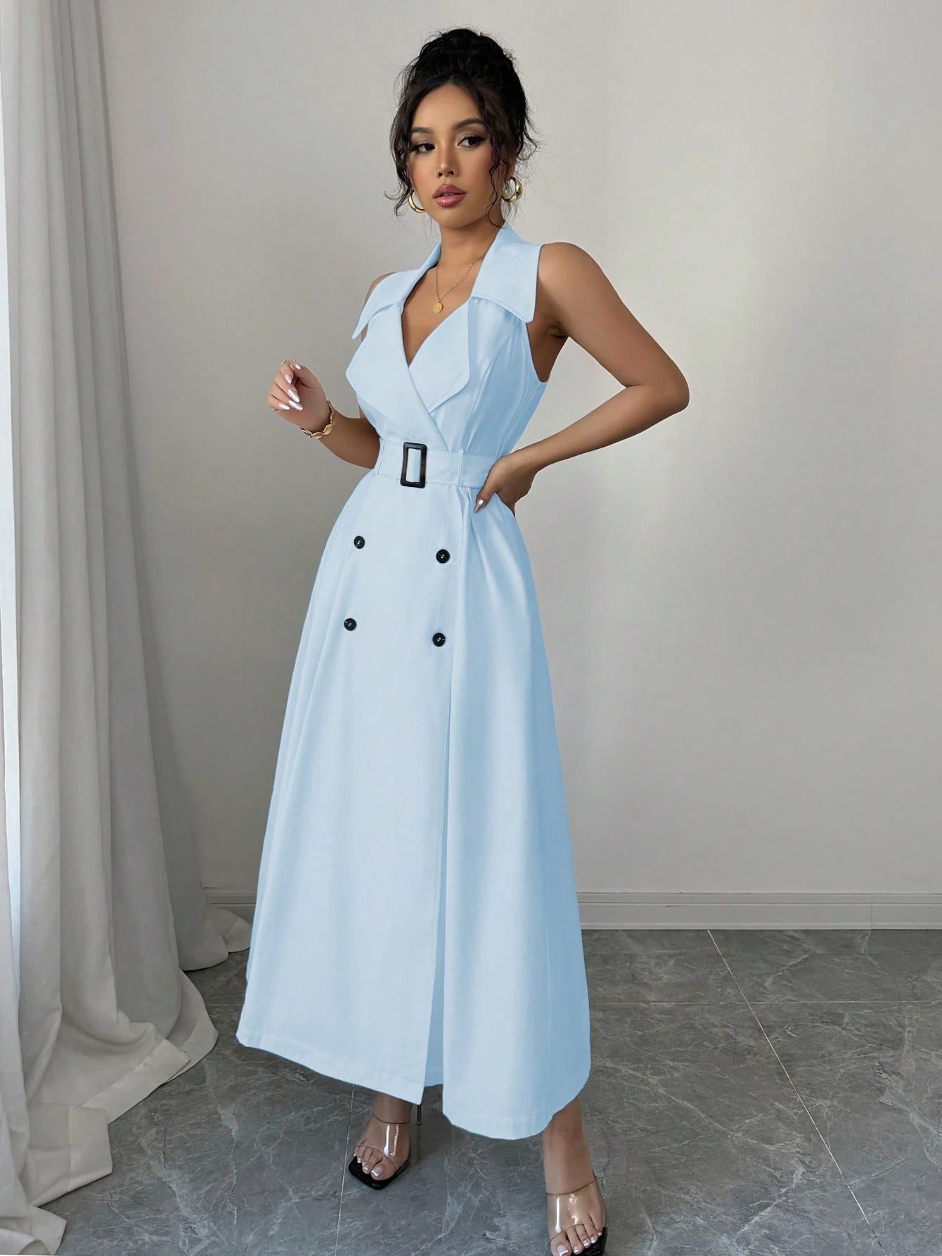 White Sleeveless Belted Midi Dress
