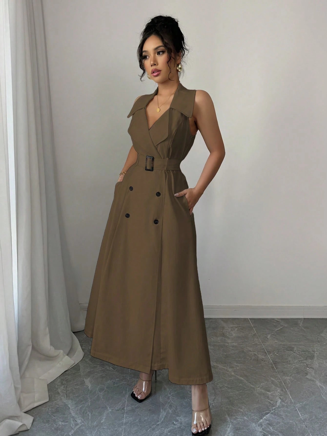 White Sleeveless Belted Midi Dress