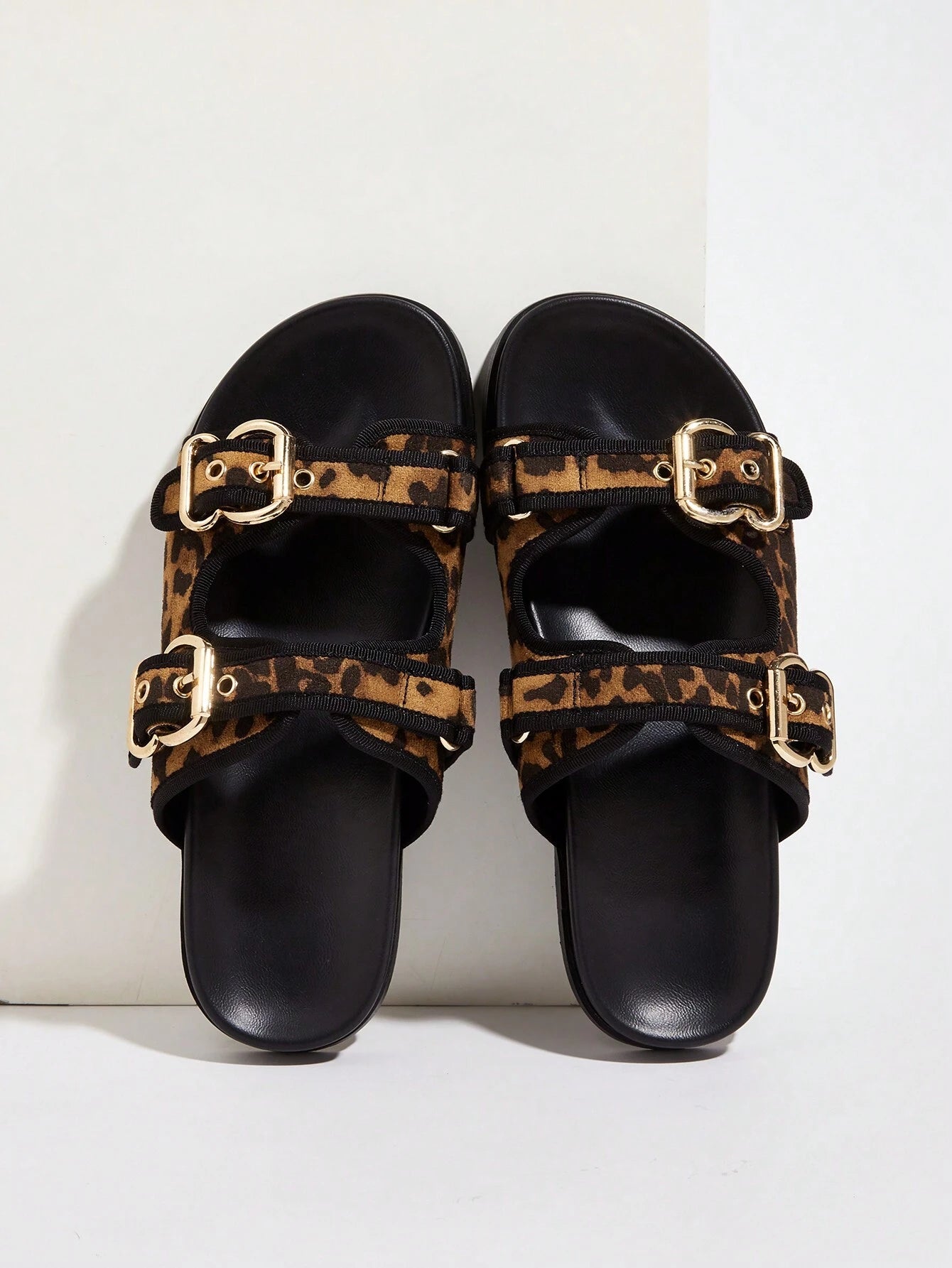 Women's Black Buckle Strap Flat Slides