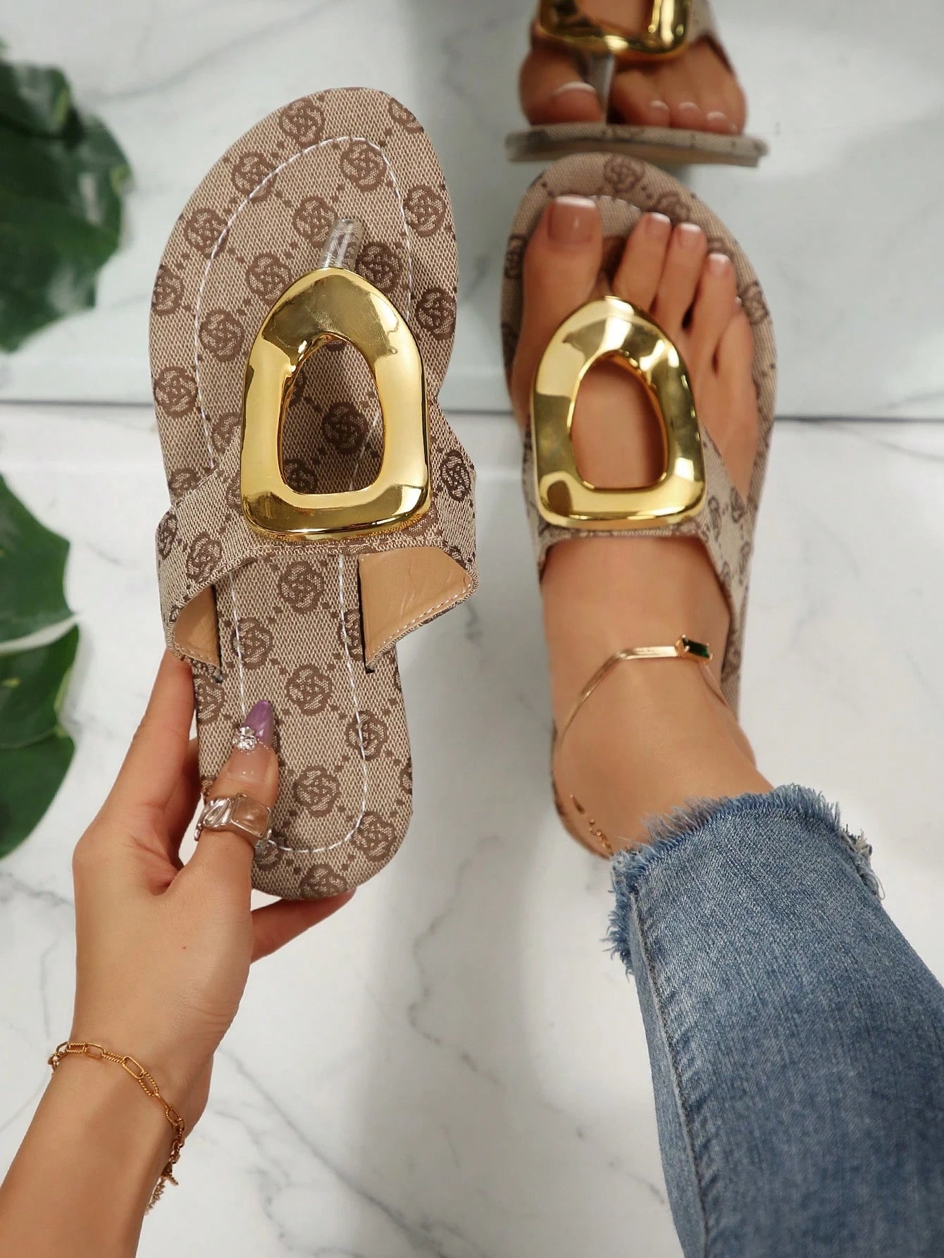 Women's Brown Sculptural Buckle Flip Flops