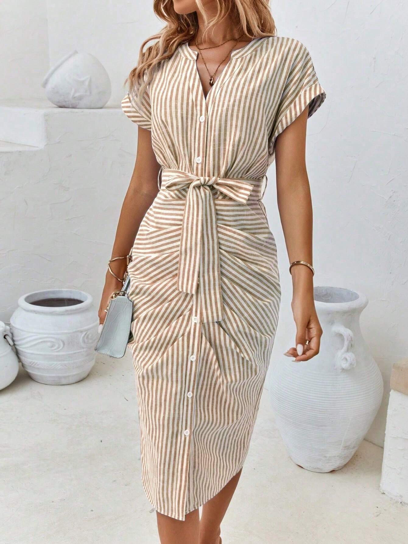 Women's Striped Tie Waist Shirtdress