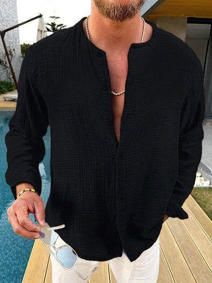 ChiClick | Collarless Textured Linen Shirt