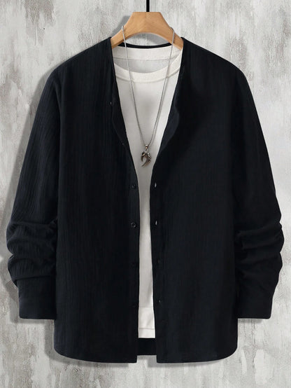 ChiClick | Collarless Textured Linen Shirt
