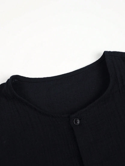 ChiClick | Collarless Textured Linen Shirt