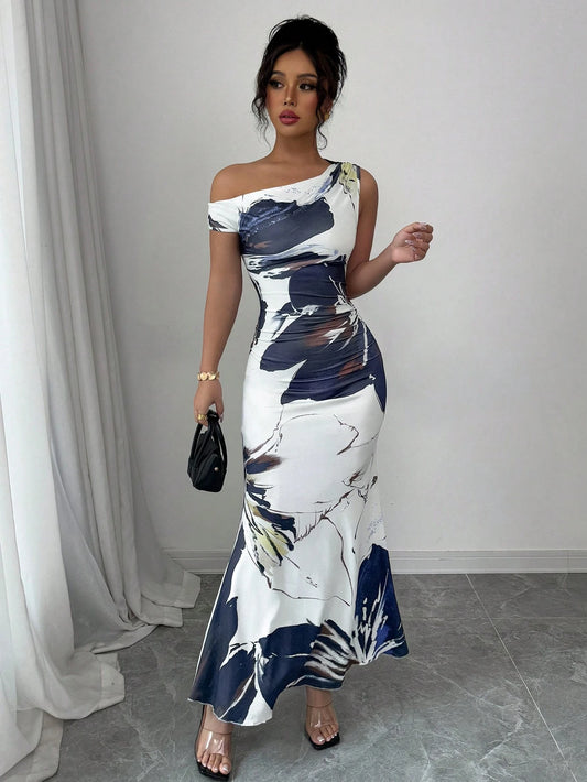 Abstract Print Asymmetrical Mermaid Gown