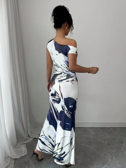 Abstract Print Asymmetrical Mermaid Gown