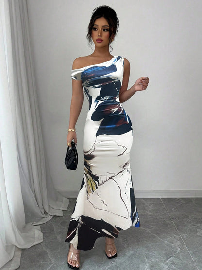 Abstract Print Asymmetrical Mermaid Gown