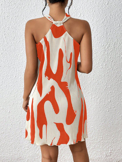  Abstract Print Plissé Halter Dress