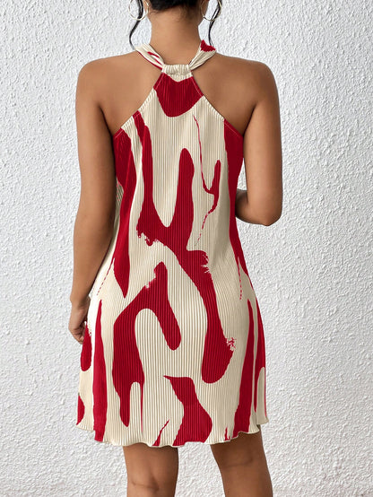  Abstract Print Plissé Halter Dress