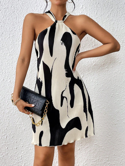  Abstract Print Plissé Halter Dress