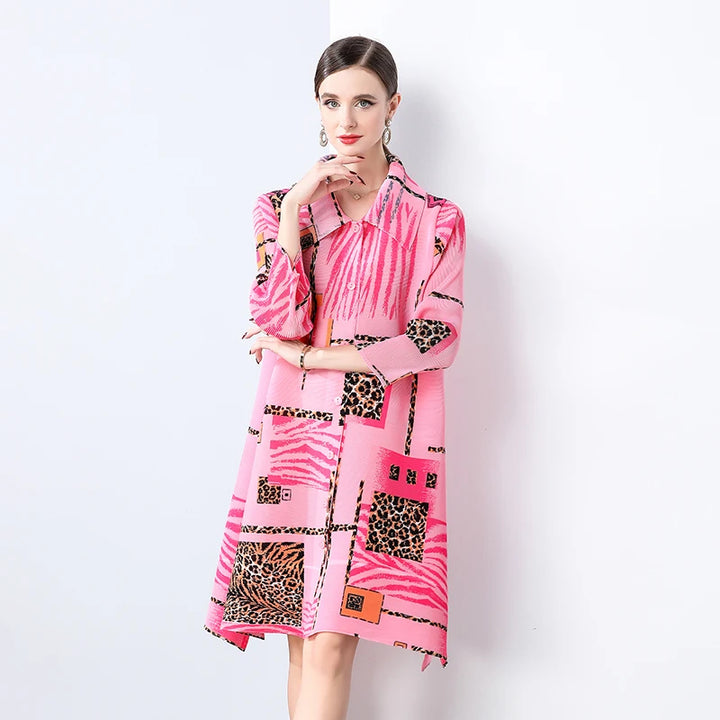 Abstract Print Plissé Shirt Dress