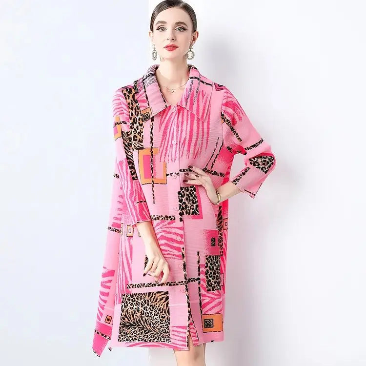 Abstract Print Plissé Shirt Dress
