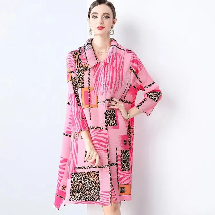 Abstract Print Plissé Shirt Dress