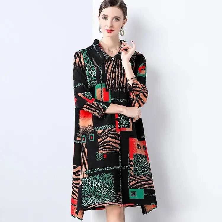 Abstract Print Plissé Shirt Dress