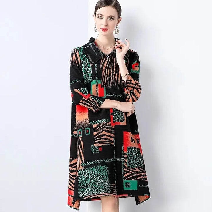 Abstract Print Plissé Shirt Dress