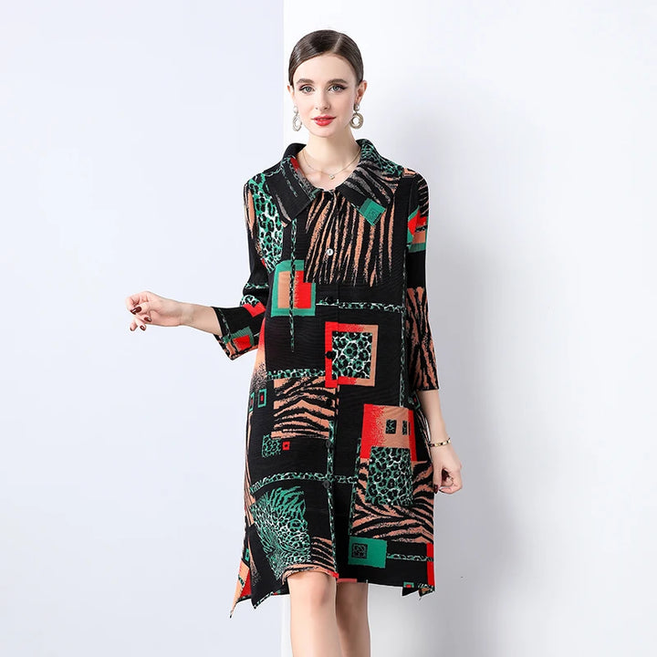 Abstract Print Plissé Shirt Dress
